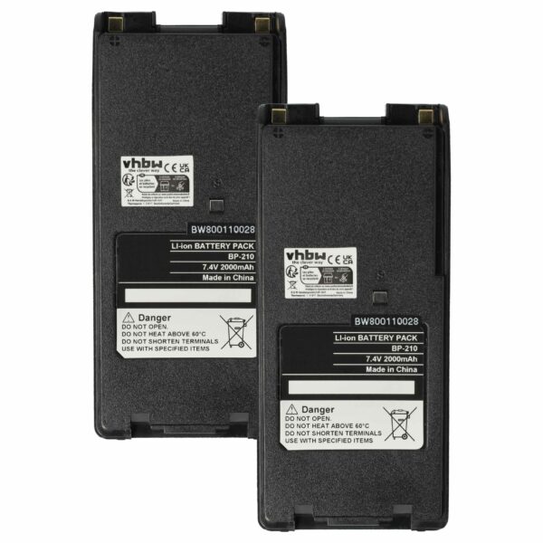 Bateria vhbw 2x para Rádios Icom BP-211, BP-210N, BP-210, BP-209N, BP-209 - 2000 mAh 7.4V Li-Ion com Clip de Cintura