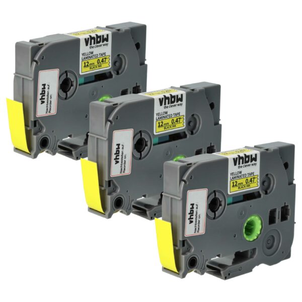 Pack 3x Fita Cassete Compatível Brother TZE-631S 12mm, Preto sobre Amarelo, Laminada, 4m