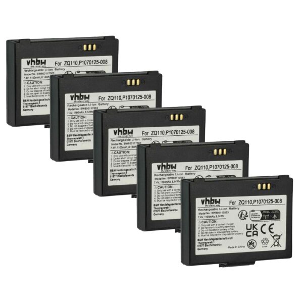 5x Bateria vhbw para Bixolon SPP-R200 e Zebra ZQ110/ZQ220 - 1100 mAh 7.4V