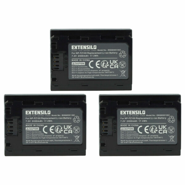 Pack 3x Bateria EXTENSILO NP-FZ100 - 2400mAh, 7.2V, Li-Ion para Sony