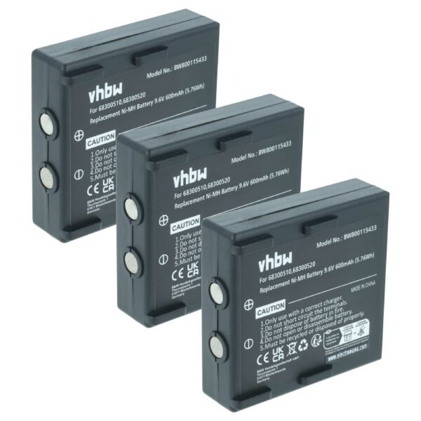 3x Bateria de Substituição vhbw para Abitron 68300510, 68300520, 68300525, 68300530, HE520 - 600 mAh