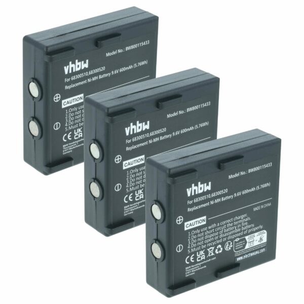 3x Bateria de Substituição vhbw para Abitron 68300510, 68300520, 68300525, 68300530, HE520 - 600 mAh
