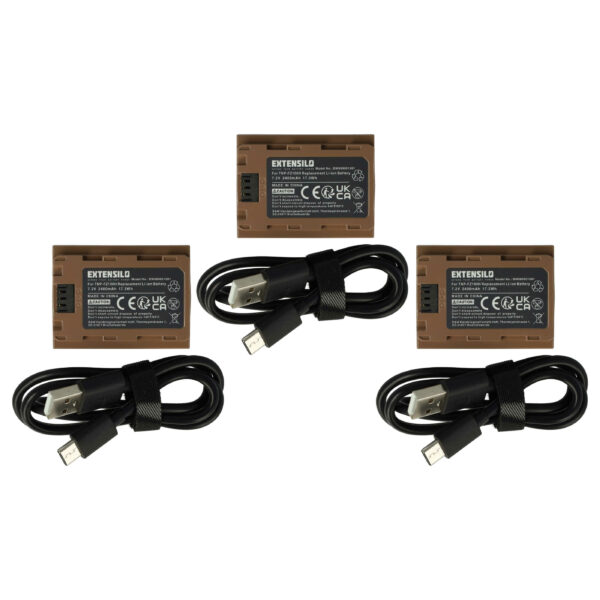 Pack de 3 Baterias EXTENSILO Compatíveis com Sony NP-FZ100 - 2400mAh, 7.2V, Li-Ion, com Porta USB-C