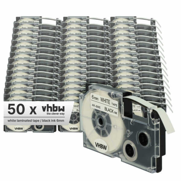 Fita de Etiquetadora 50x Compatível com Casio XR-6WE1, XR-6WE - 6 mm Preto sobre Branco