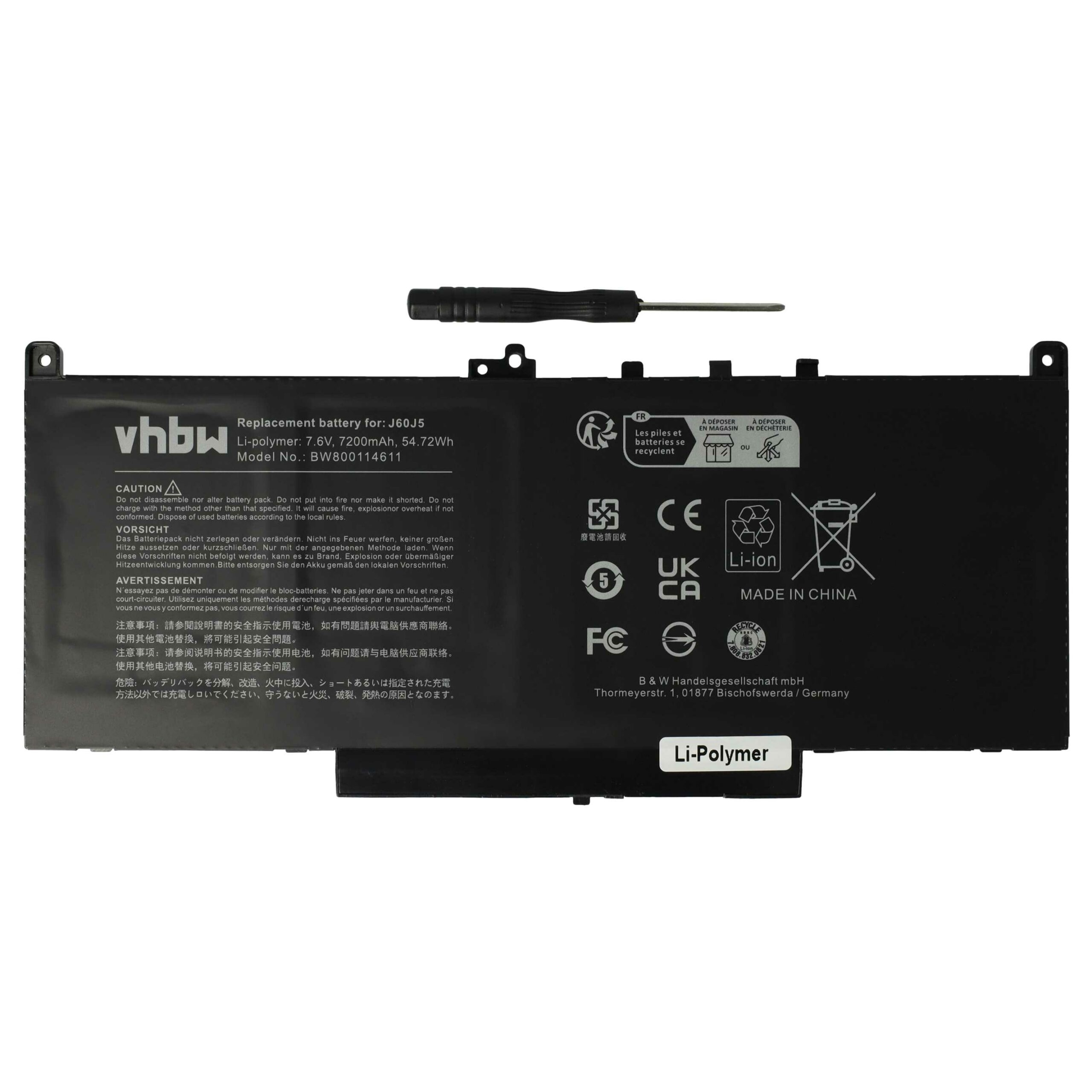 Bateria vhbw para Dell 242WD, 0PDNM2, 1W2Y2, 0F1KTM, 0MC34Y - 7200 mAh 7.6 V Li-polímero