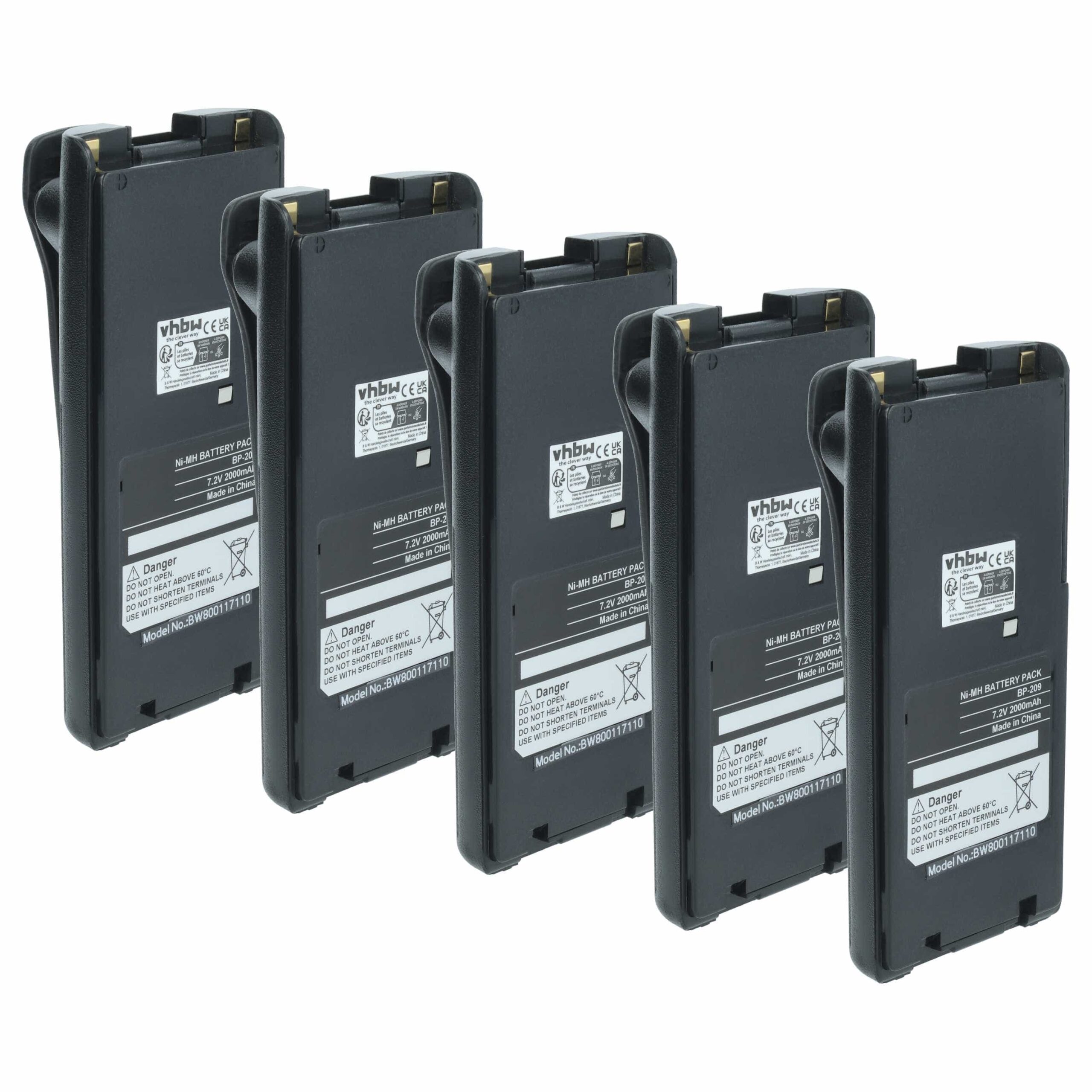 Bateria vhbw 5x para Rádio Icom BP-210N, BP-210, BP-209N, BP-209, BP-222N, BP-222 - 2000 mAh 7.2 V NiMH