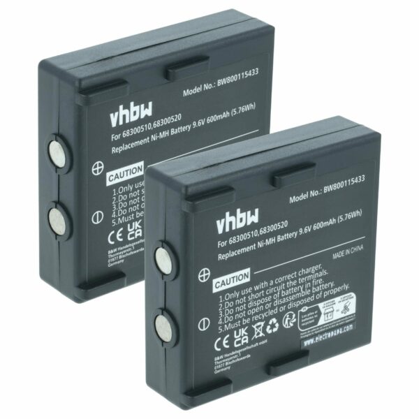 2x Bateria de Substituição vhbw para Abitron 68300510, 68300520, 68300525, 68300530, HE520 - 600 mAh