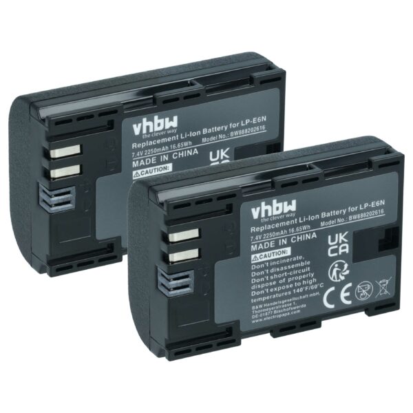2x Bateria vhbw substitui Canon LP-E6N - 2250mAh, 7.4V Li-Ion com Info Chip