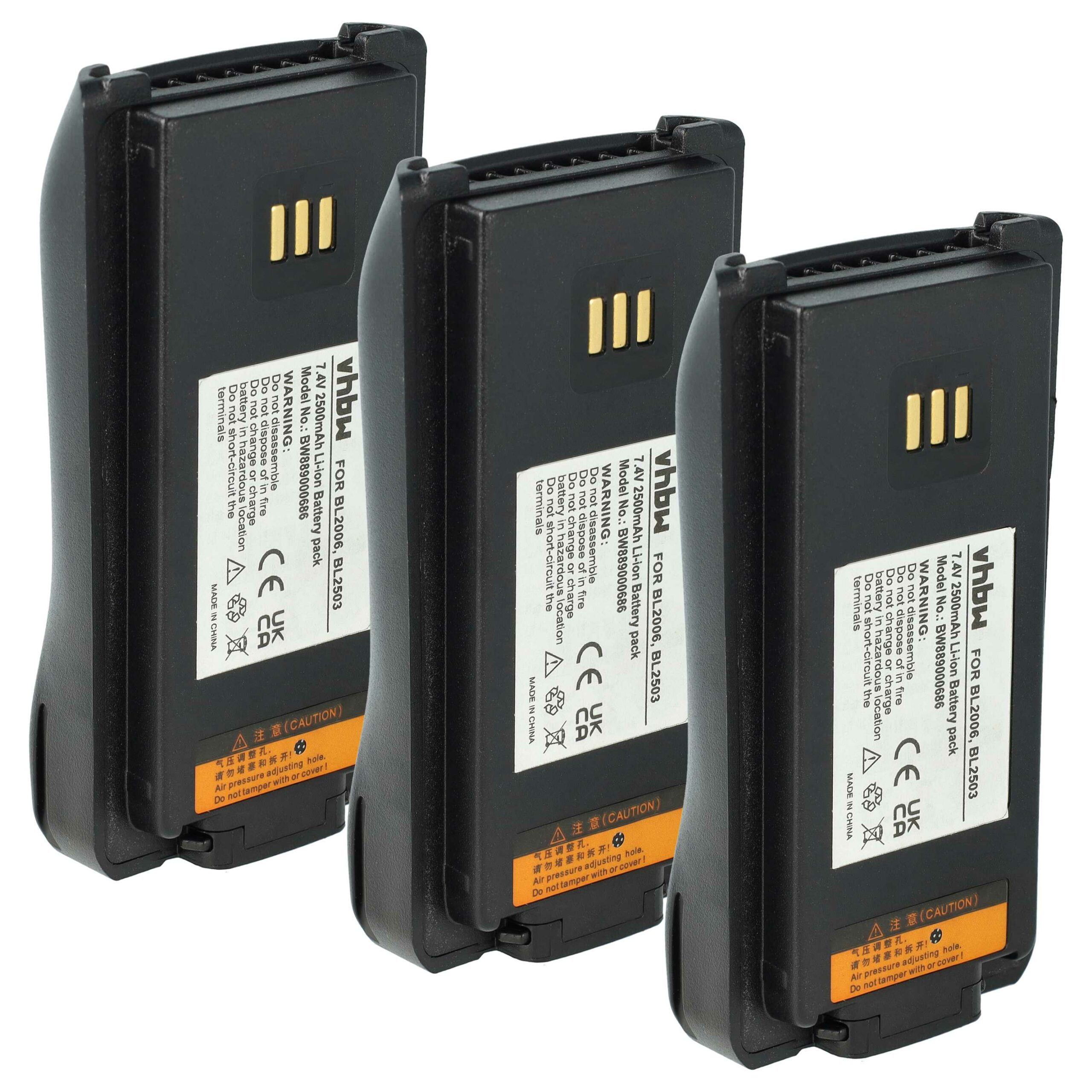Bateria vhbw 3x para Rádios HYT - 2500 mAh 7.4 V Li-Ion (substitui BL2006Li, BL2008, BL2006, BL2503)