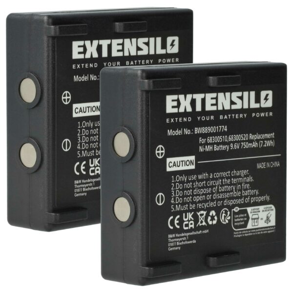 2x Bateria de Substituição EXTENSILO para Abitron 68300510, 68300520, 68300525, 68300530, HE520 - 750 mAh
