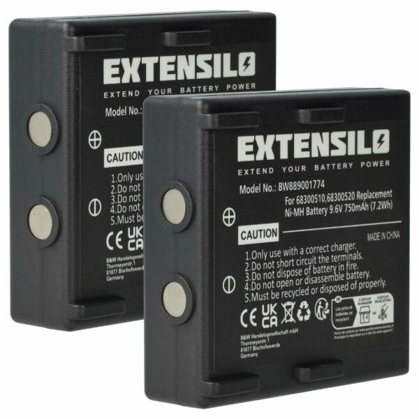 2x Bateria de Substituição EXTENSILO para Abitron 68300510, 68300520, 68300525, 68300530, HE520 - 750 mAh