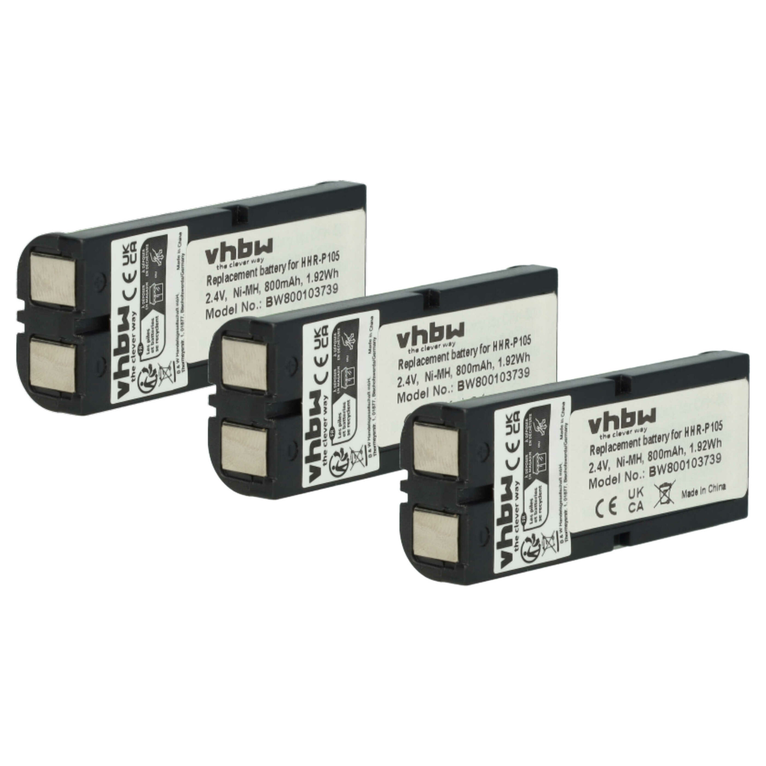 3x Bateria vhbw para telefone fixo Philips / Panasonic / Toshiba 800 mAh 2.4 V NiMH