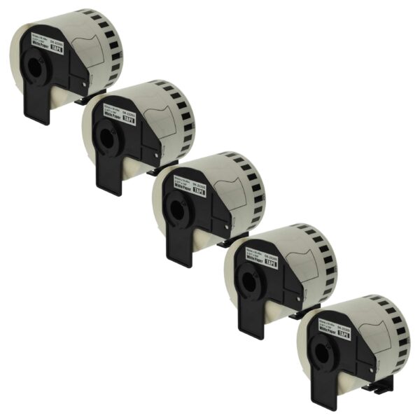 5x Rolo de Etiquetas vhbw substitui Brother DK-22205 para QL-500, QL-550, QL-700 - 62 mm x 30,48 m + Suporte