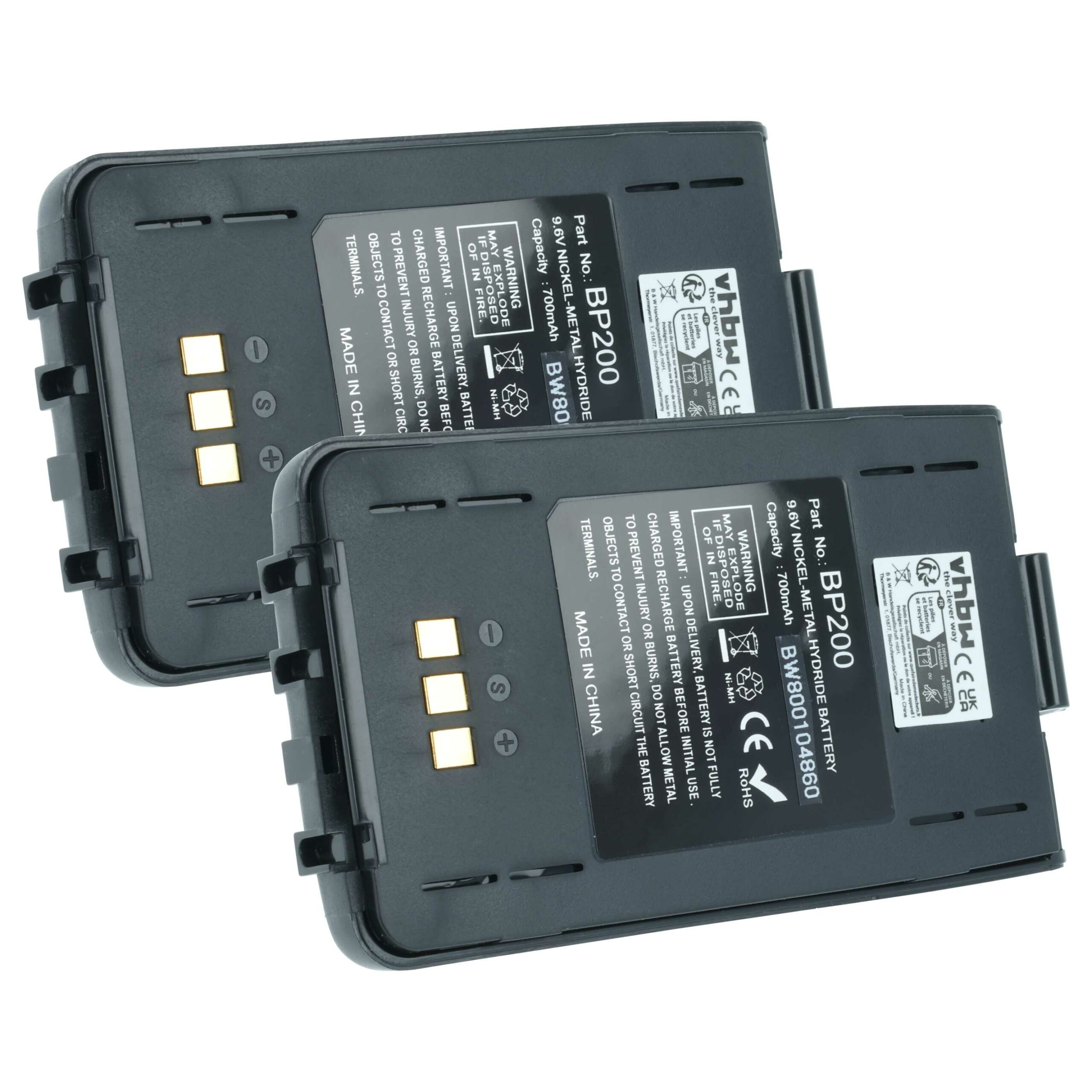 Bateria vhbw para Rádio Icom BP-200/BP-200L/BP-200H/BP-200XL/BP-200M - 750 mAh 9.6V NiMH com Clipe de Cintura (Pack 2x)