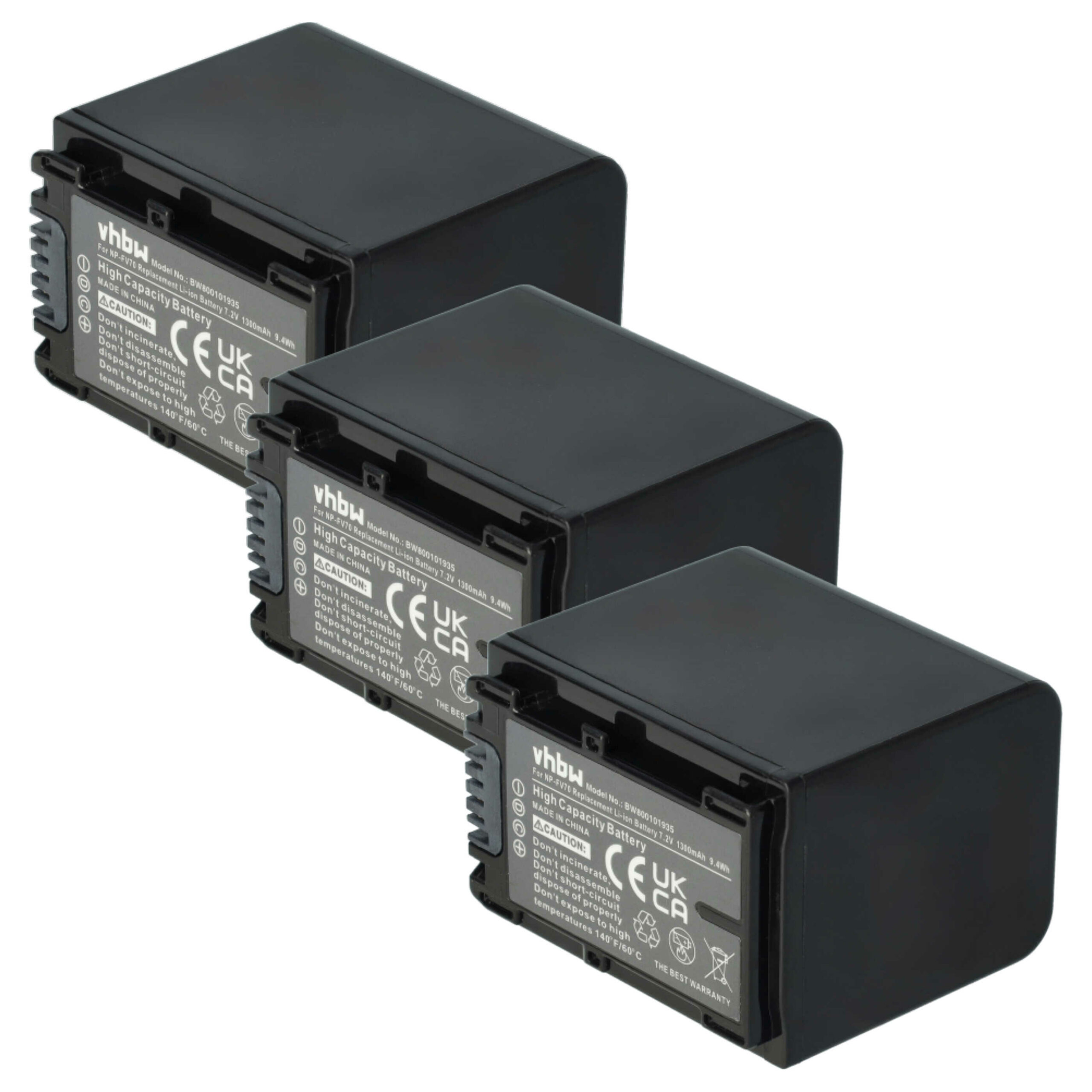 Bateria vhbw 3x para Câmara de Vídeo Sony NP-FV40, NP-FV50, NP-FV100, NP-FV60, NP-FV30 - 1300 mAh 7.2 V Li-Ion