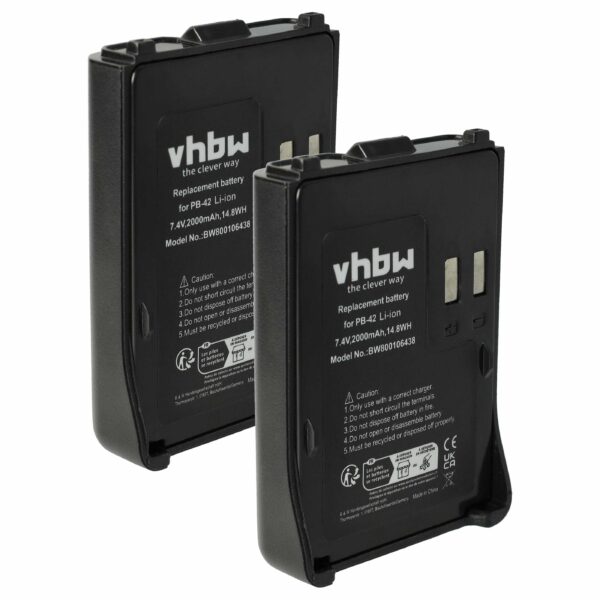 2x Bateria vhbw 2000 mAh 7.4V Li-Ion para Rádios Kenwood PB-42Li, PB-42L, PB-42