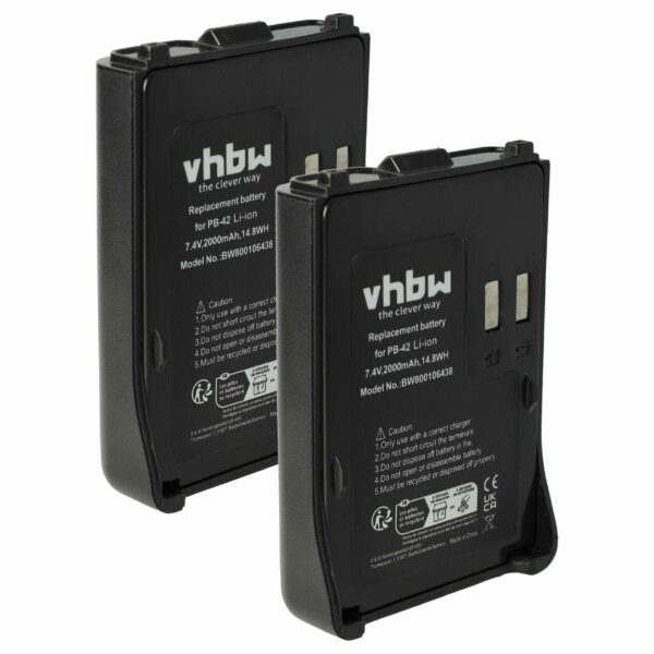 2x Bateria vhbw 2000 mAh 7.4V Li-Ion para Rádios Kenwood PB-42Li, PB-42L, PB-42