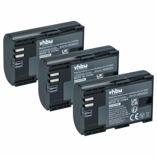 3x Bateria vhbw substitui Canon LP-E6N - 2250mAh, 7.4V Li-Ion