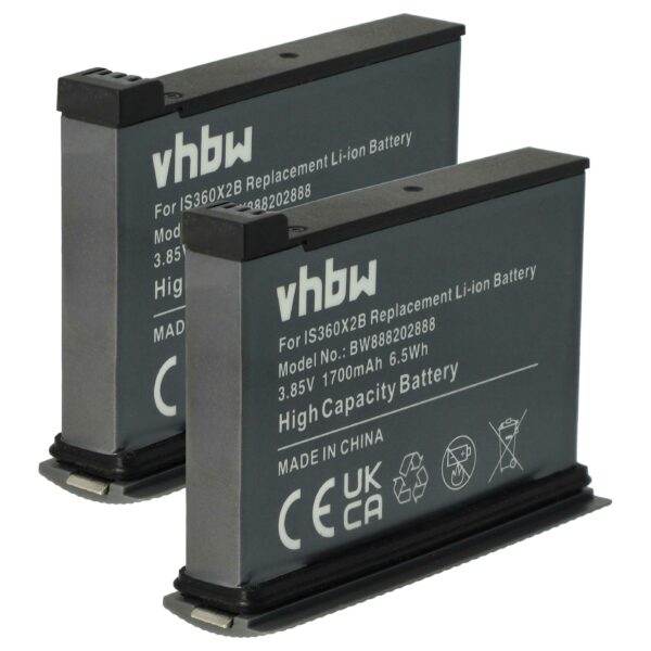 2x Bateria vhbw para Insta360 One X2 (1700mAh, 3.85V, Li-Ion)