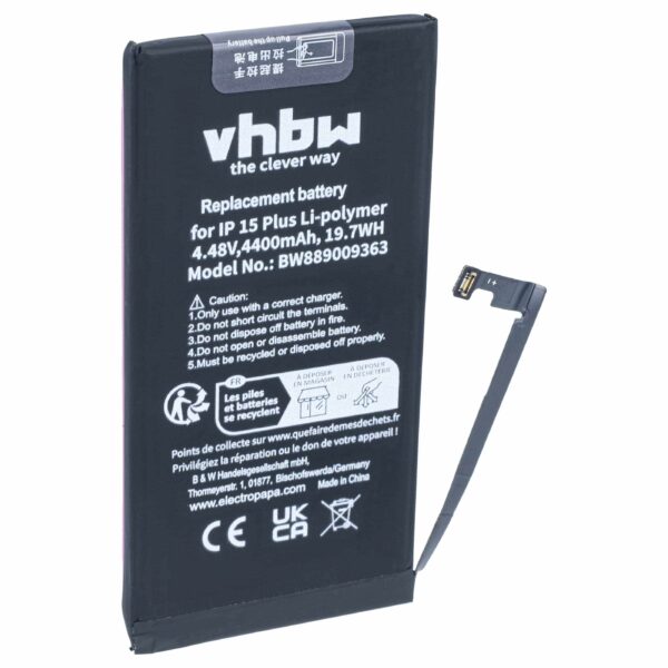 Bateria vhbw para Apple iPhone 15 Plus – 4400 mAh, 4,45 V, Li-polímero