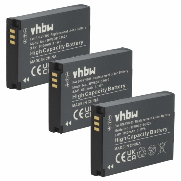 Pack de 3 Baterias vhbw para Câmara JVC (BN-VH105) 850 mAh 3.6 V Li-Ion