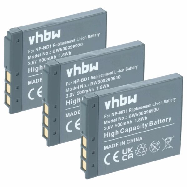 3x Baterias vhbw para Sony NP-FD1, NP-BD1 - 500mAh, 3.6V