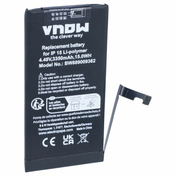 Bateria vhbw para Apple iPhone 15 – 3350 mAh, 4,48 V, Li-polímero