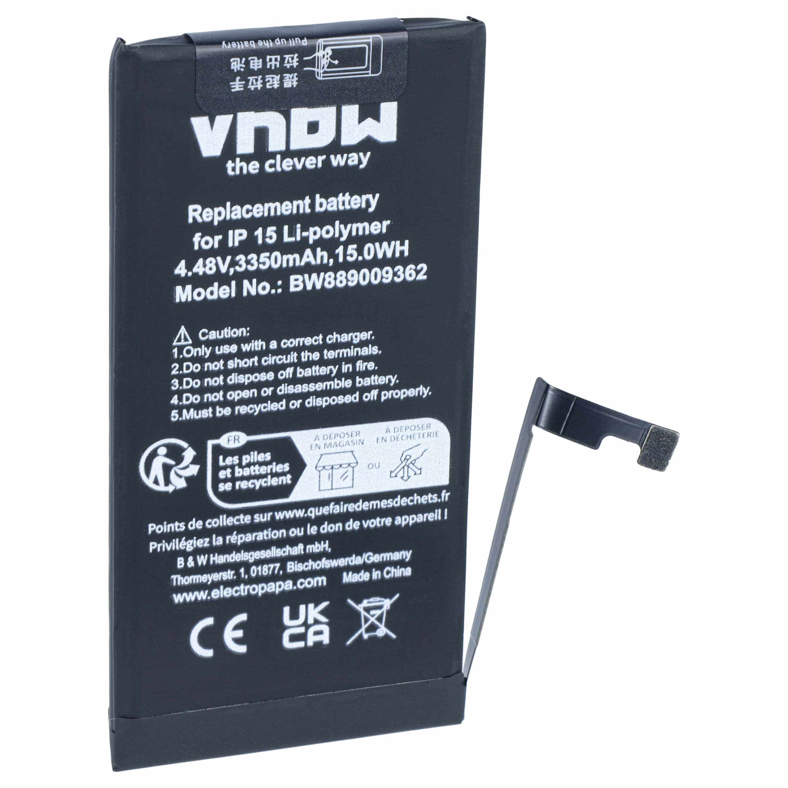 Bateria vhbw para Apple iPhone 15 – 3350 mAh, 4,48 V, Li-polímero