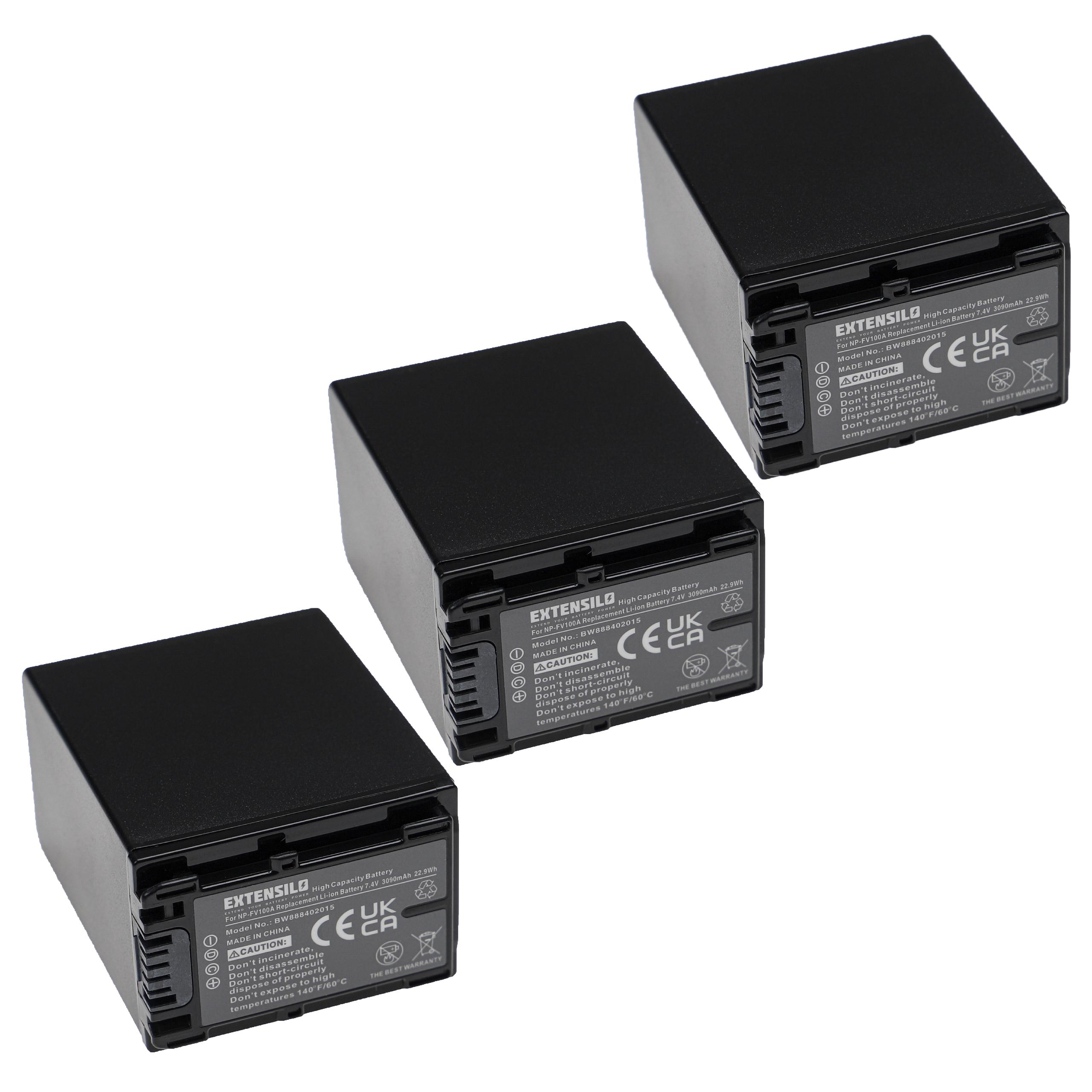 3x Bateria Extensilo para câmara Sony NP-FV100A, NP-FV100, NP-FV90 3090mAh 7.4V