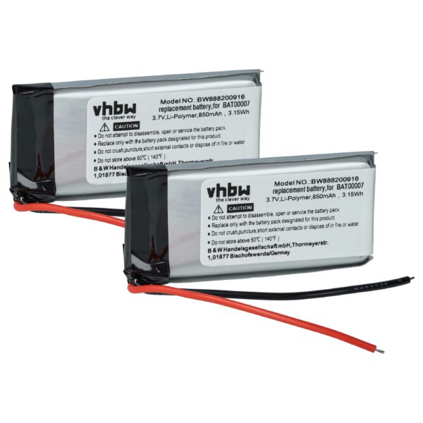 2 baterias vhbw para auscultadores sem fios Cardo Packtalk, 850 mAh, 3,7 V — substituem BAT00007