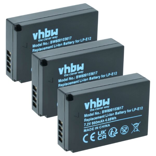 3x Bateria vhbw substitui Canon LP-E12 - 650mAh, 7.2V, Li-Ion