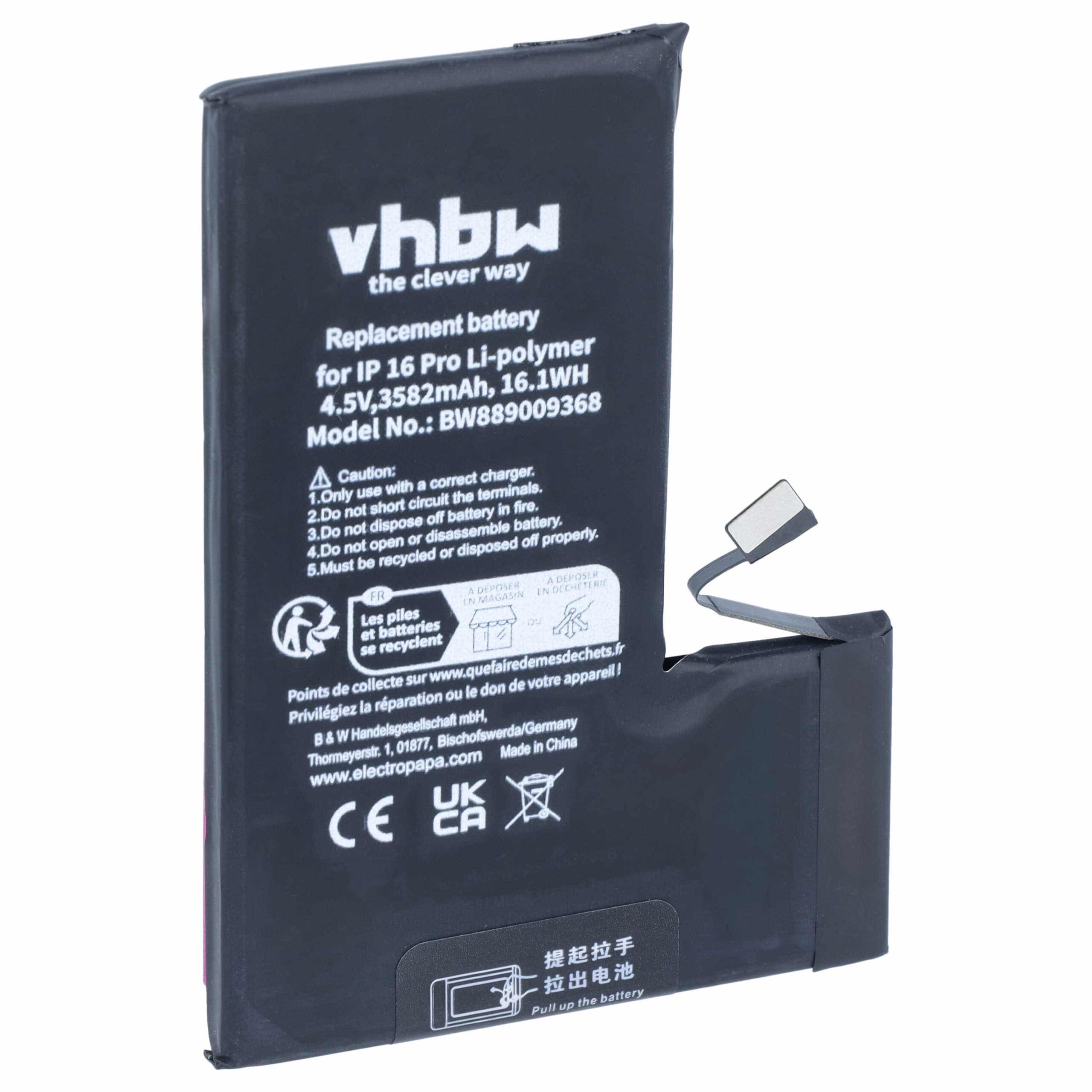Bateria vhbw de 3582 mAh para Apple iPhone 16 Pro, 4,5 V Li-polímero