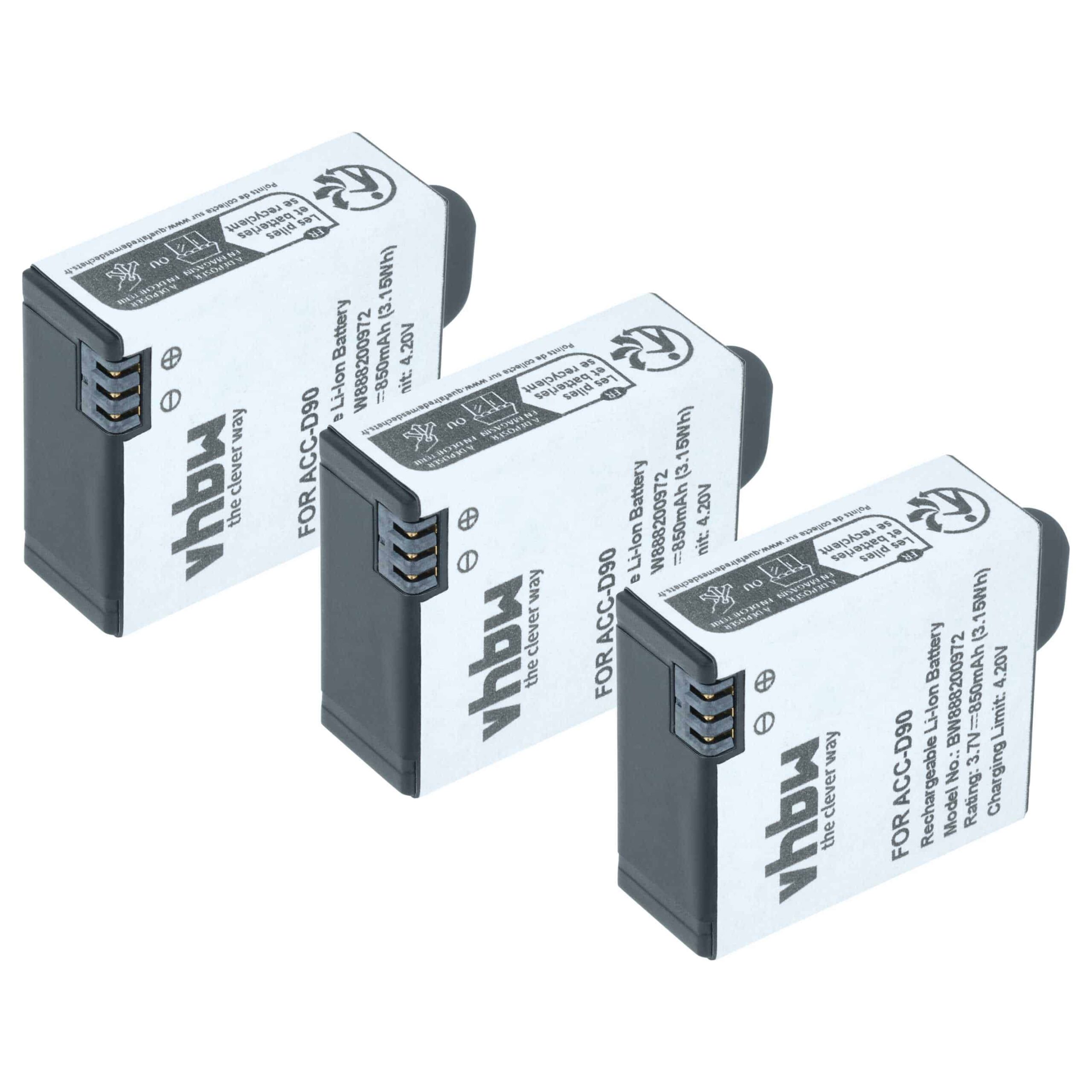 Conjunto de 3 baterias vhbw Li-Ion 850 mAh para câmaras AEE D90, S90 e S91B