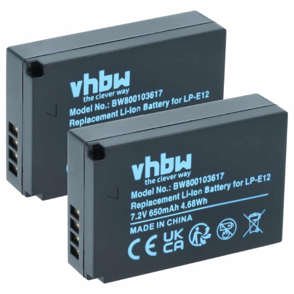 2x Bateria vhbw substitui Canon LP-E12 - 650mAh, 7.2V, Li-Ion