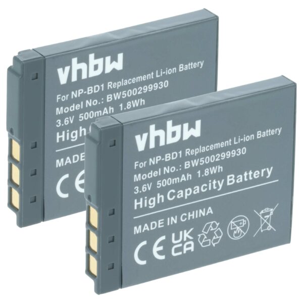 2x Bateria vhbw substitui Sony NP-FD1, NP-BD1 - 500mAh, 3.6V, Li-Ion