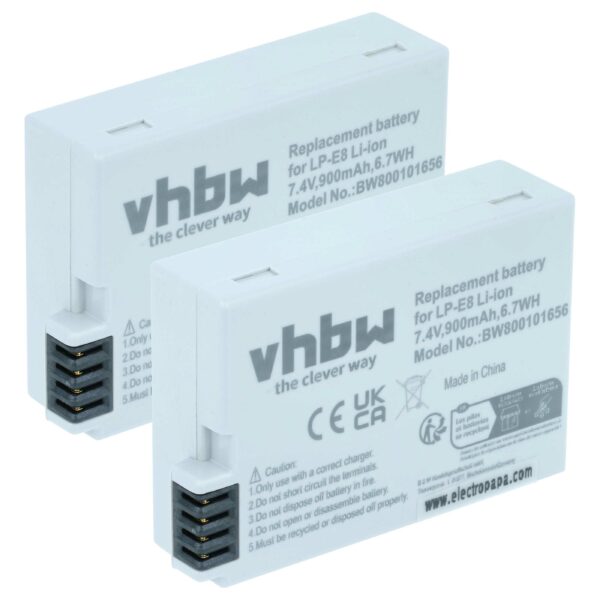 2x Baterias vhbw para Canon LP-E8 - 900mAh, 7.2V, Li-Ion
