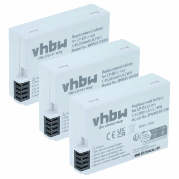 3x Bateria vhbw para Canon LP-E8 - 900mAh, 7.2V