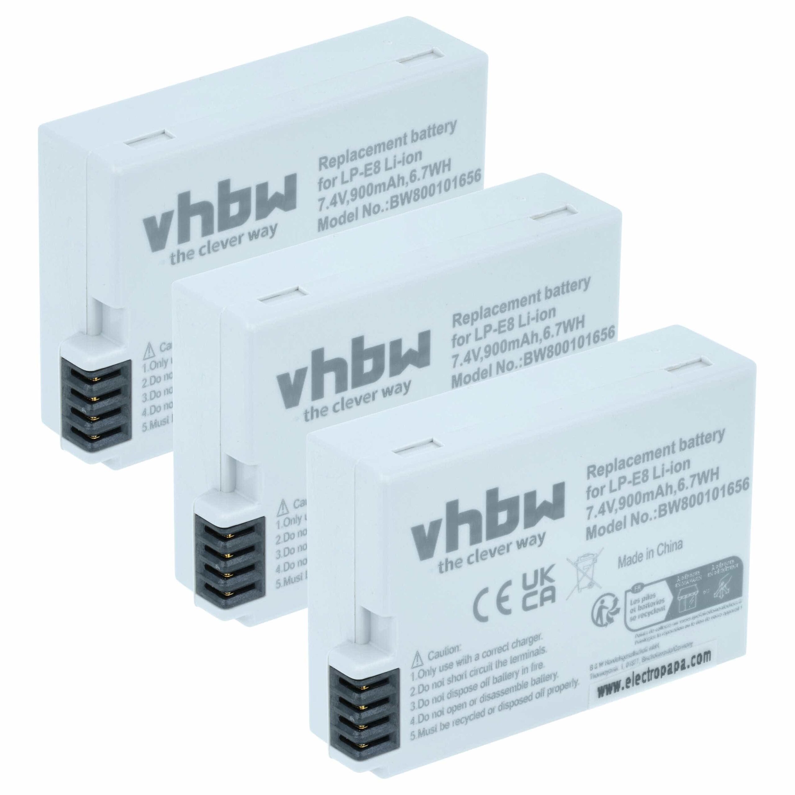 3x Bateria vhbw para Canon LP-E8 - 900mAh, 7.2V