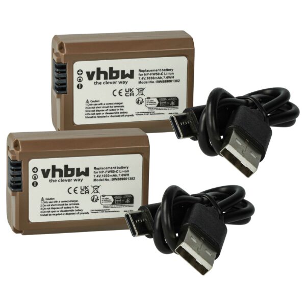 2x Bateria vhbw para Sony NP-FW50 - 1030mAh, 7.4V com Tomada USB-C